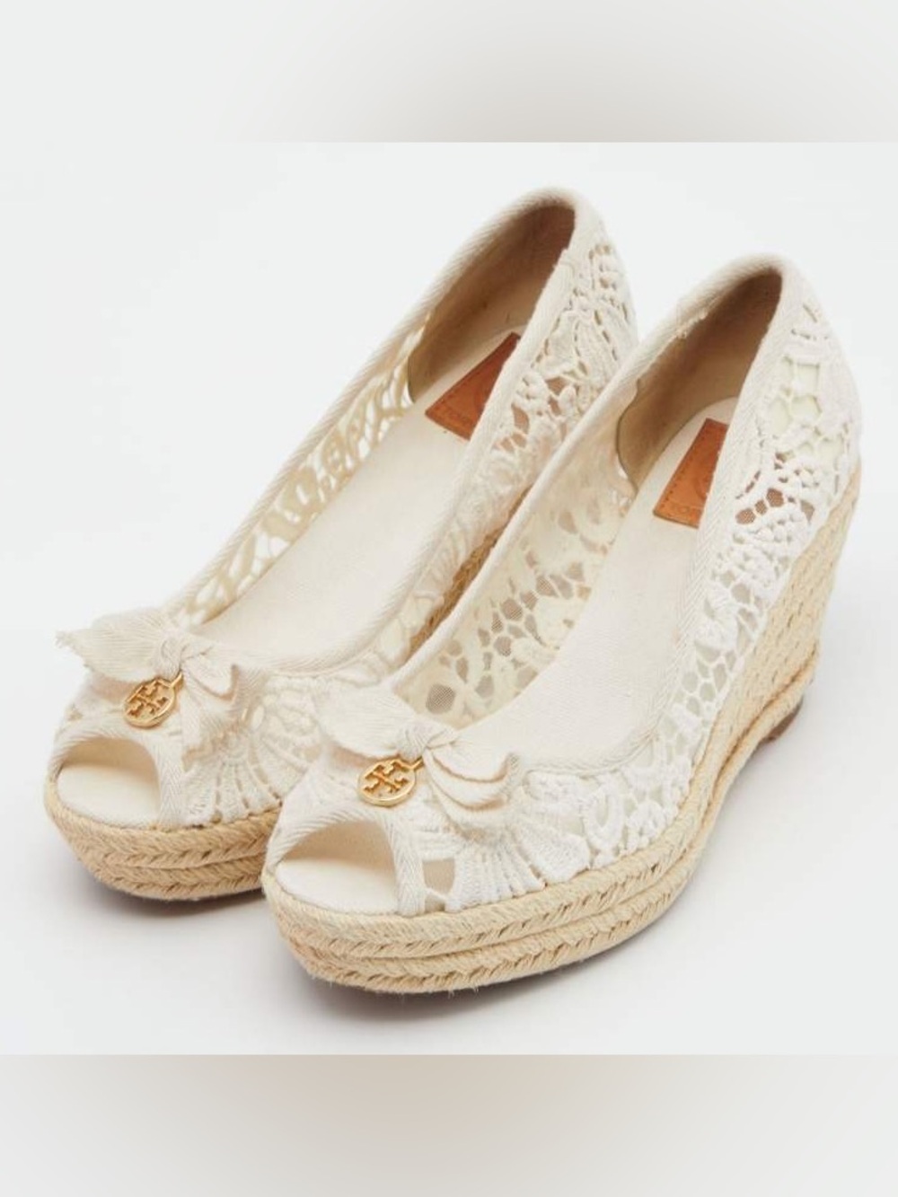 Tory Burch Cream Lace Espadrille Wedge Peep-Toe